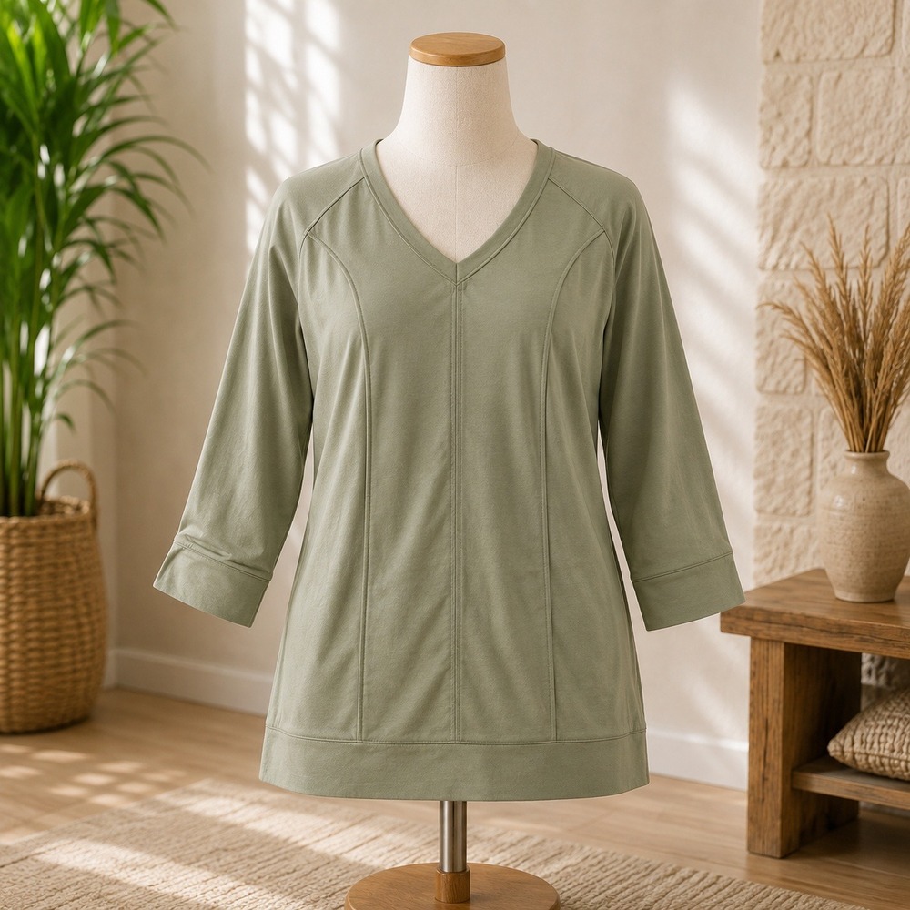 Denim & Co. Active Sweatshirt Womens PS Small Petite Olive Green V-Neck Pullover
